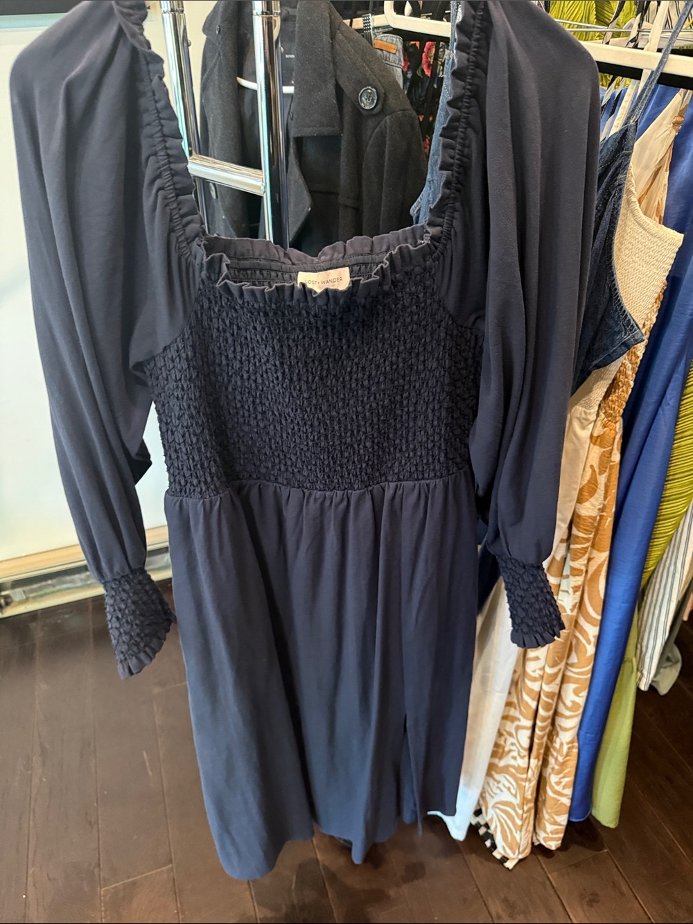 Smocked Square-Neck Long-Sleeve Dress in Navy